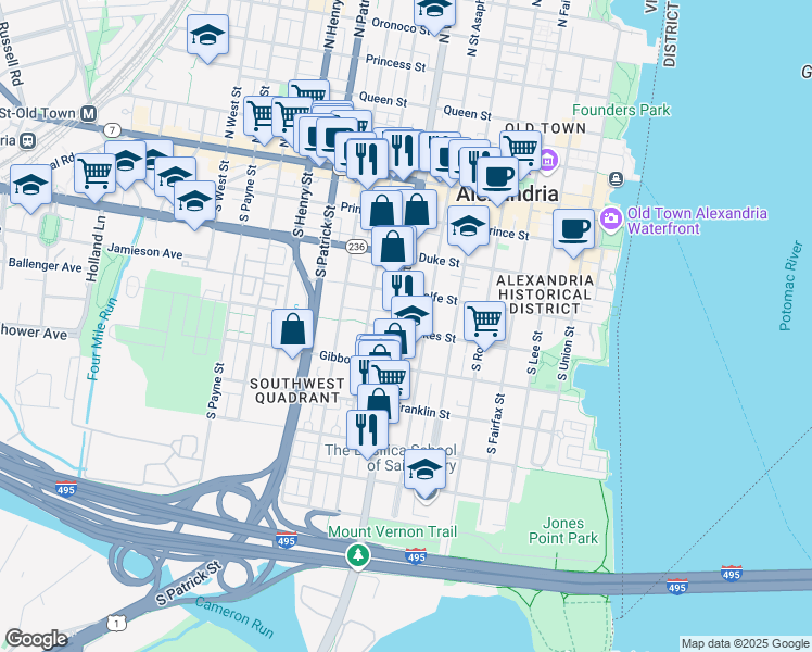 map of restaurants, bars, coffee shops, grocery stores, and more near 430 South Washington Street in Alexandria