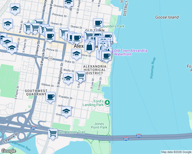 map of restaurants, bars, coffee shops, grocery stores, and more near 1 Potomac Court in Alexandria