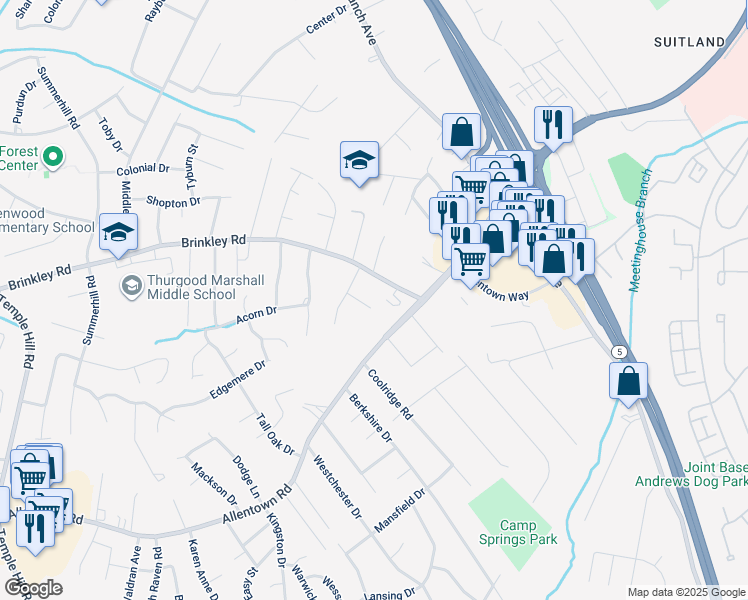 map of restaurants, bars, coffee shops, grocery stores, and more near 5506 Charlotte Drive in Temple Hills