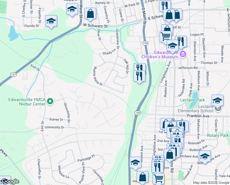 map of restaurants, bars, coffee shops, grocery stores, and more near 521 Buena Vista Street in Edwardsville
