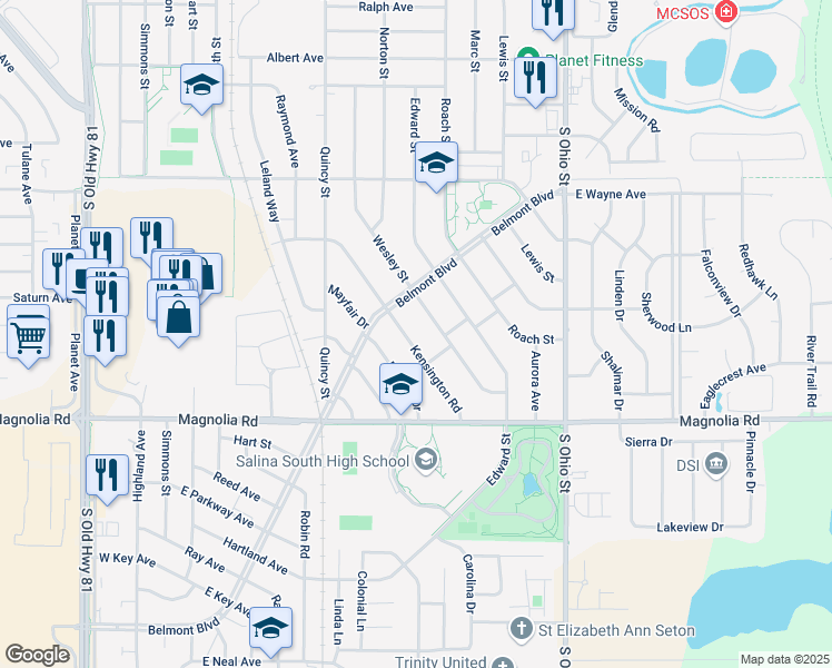 map of restaurants, bars, coffee shops, grocery stores, and more near 2222 Kensington Rd in Salina