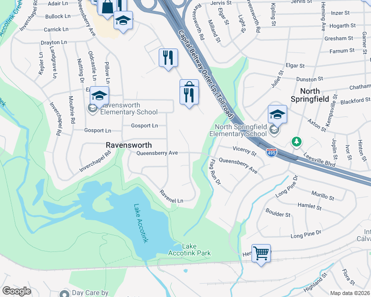 map of restaurants, bars, coffee shops, grocery stores, and more near 5539 Queensberry Avenue in Springfield