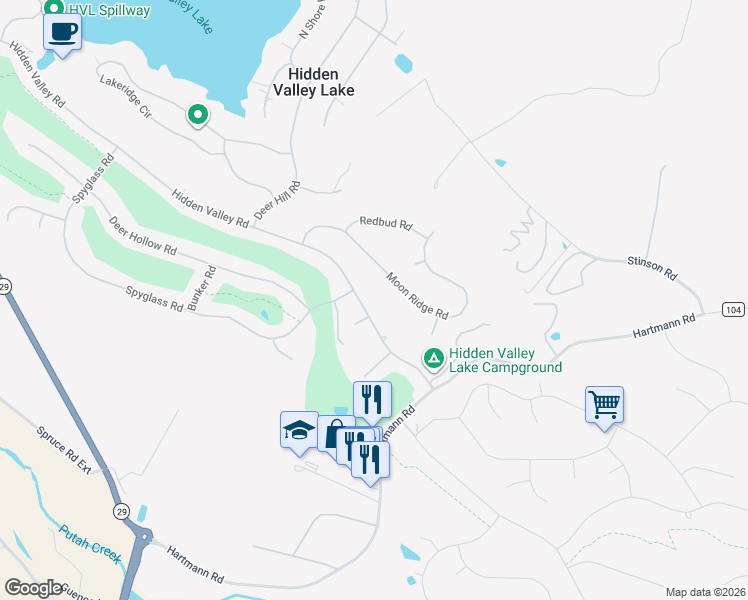 map of restaurants, bars, coffee shops, grocery stores, and more near 19082 Hidden Valley Road in Hidden Valley Lake