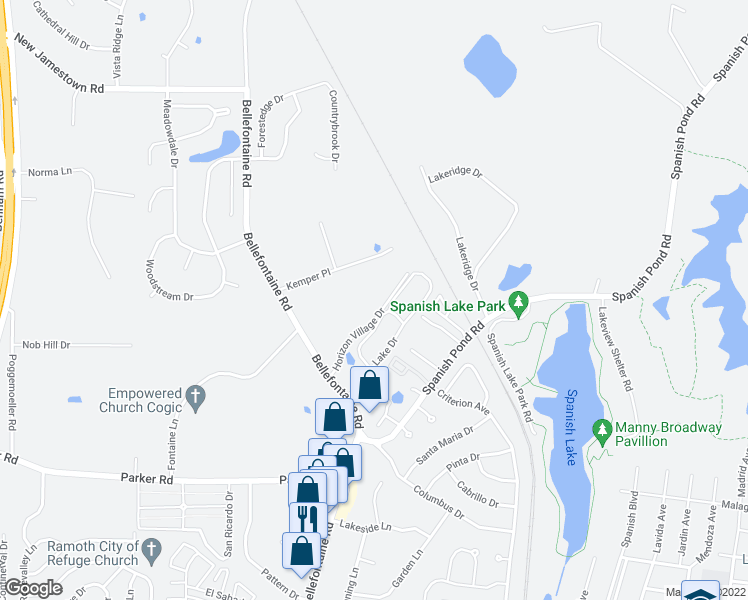 map of restaurants, bars, coffee shops, grocery stores, and more near 12350 Horizon Village Drive in St. Louis