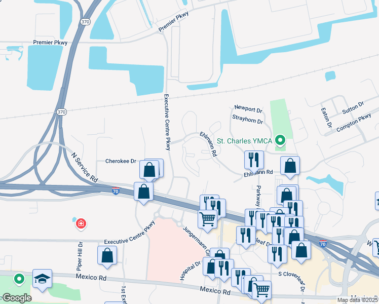 map of restaurants, bars, coffee shops, grocery stores, and more near 120 Turnberry Place in St. Peters