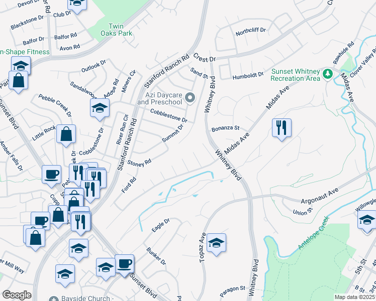 map of restaurants, bars, coffee shops, grocery stores, and more near 4609 Ronnie Court in Rocklin