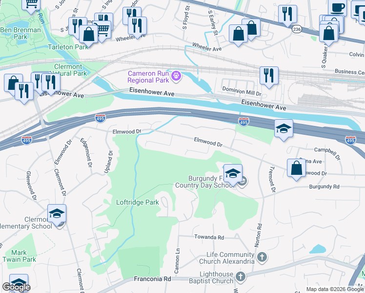 map of restaurants, bars, coffee shops, grocery stores, and more near 5544 Janelle Street in Alexandria