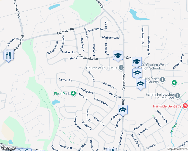 map of restaurants, bars, coffee shops, grocery stores, and more near 2616 Kelsey Lane in Saint Charles