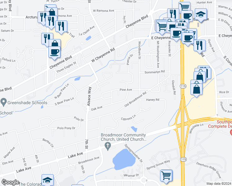 map of restaurants, bars, coffee shops, grocery stores, and more near 2 Bradley Place in Colorado Springs