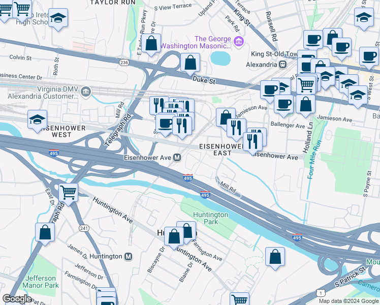 map of restaurants, bars, coffee shops, grocery stores, and more near 2351 Virginia 7 in Alexandria