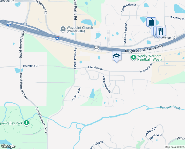 map of restaurants, bars, coffee shops, grocery stores, and more near 21 Bridgeton Court in Wentzville