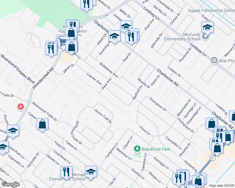 map of restaurants, bars, coffee shops, grocery stores, and more near 1580 Layven Avenue in Florissant