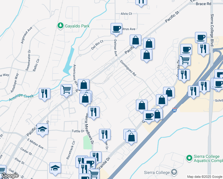 map of restaurants, bars, coffee shops, grocery stores, and more near 4350 White FIr Loop in Rocklin