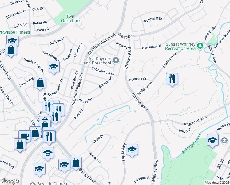 map of restaurants, bars, coffee shops, grocery stores, and more near 4609 Ronnie Court in Rocklin