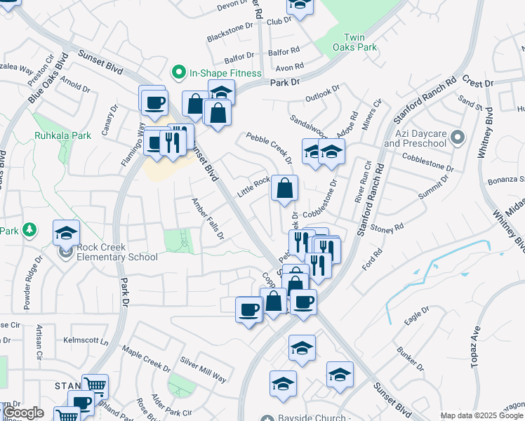 map of restaurants, bars, coffee shops, grocery stores, and more near 2301 Sunset Boulevard in Rocklin