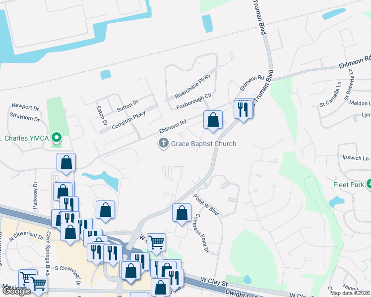map of restaurants, bars, coffee shops, grocery stores, and more near 3523 Truman Terrace Drive in Saint Charles