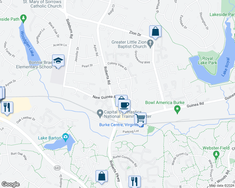map of restaurants, bars, coffee shops, grocery stores, and more near 5505 Talon Court in Fairfax