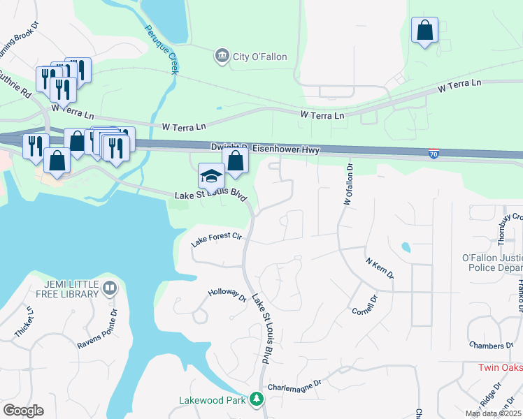 map of restaurants, bars, coffee shops, grocery stores, and more near 283 Bent Oak Drive in Lake Saint Louis