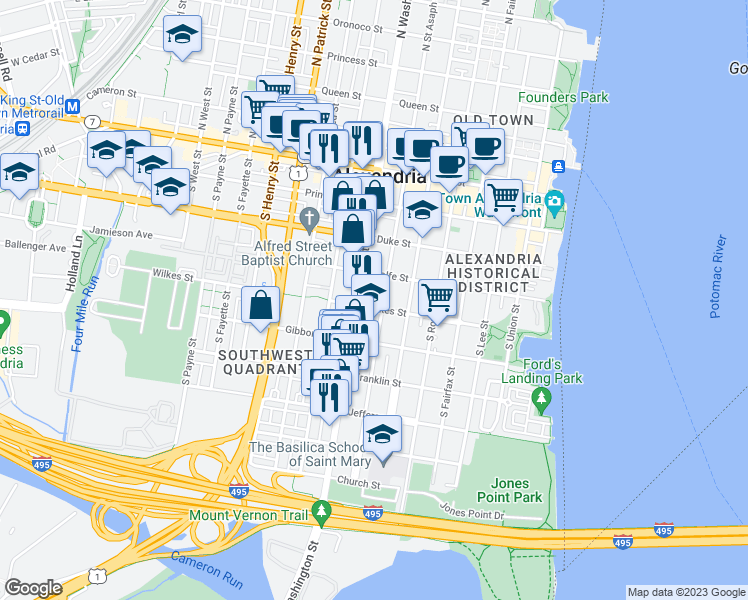 map of restaurants, bars, coffee shops, grocery stores, and more near 601 Wilkes Street in Alexandria