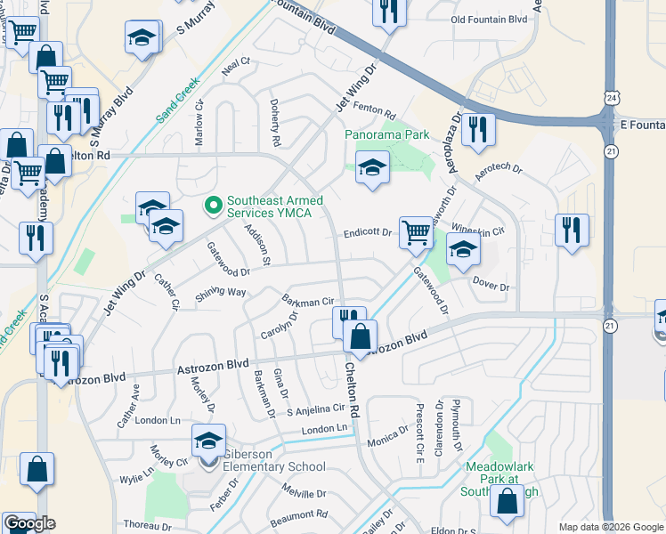 map of restaurants, bars, coffee shops, grocery stores, and more near 4590 Anjelina Circle North in Colorado Springs
