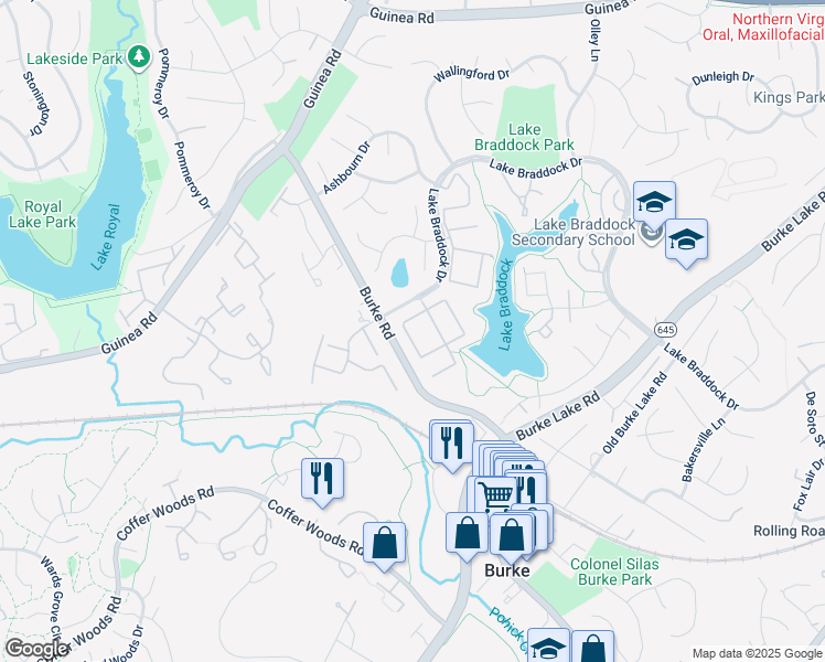map of restaurants, bars, coffee shops, grocery stores, and more near 5537 Hollins Lane in Burke