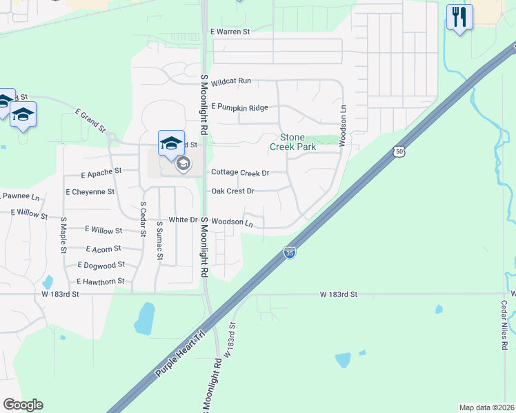map of restaurants, bars, coffee shops, grocery stores, and more near 816 South Woodson Court in Gardner