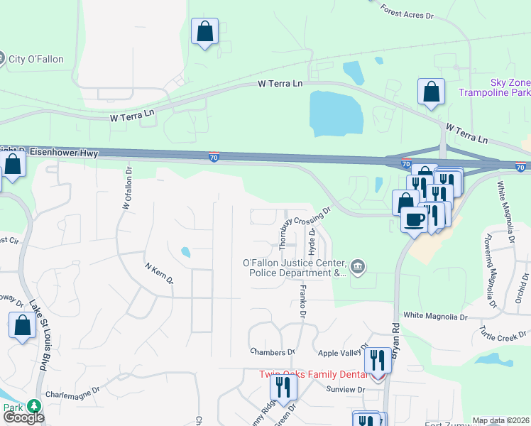 map of restaurants, bars, coffee shops, grocery stores, and more near 226 Tyndale Drive in O'Fallon