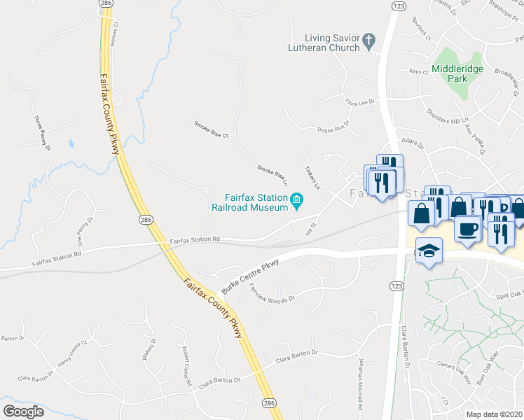 map of restaurants, bars, coffee shops, grocery stores, and more near 5813 Smoke Rise Lane in Fairfax Station