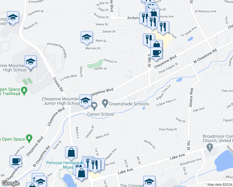 map of restaurants, bars, coffee shops, grocery stores, and more near 15 Omalley Place in Colorado Springs