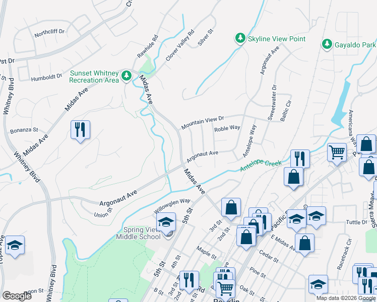map of restaurants, bars, coffee shops, grocery stores, and more near 3505 Argonaut Avenue in Rocklin