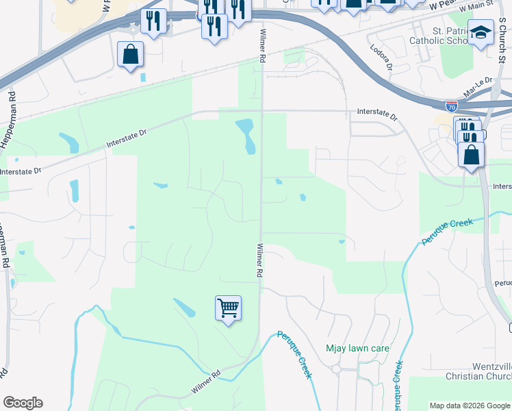 map of restaurants, bars, coffee shops, grocery stores, and more near 1333 Wilmer Road in Wentzville