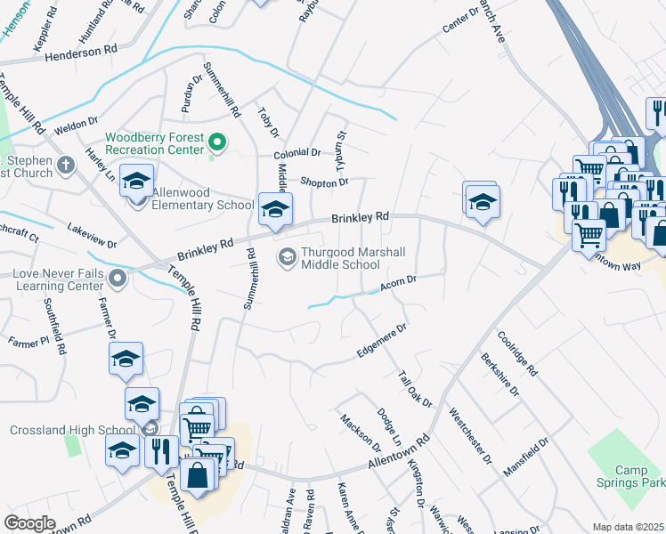 map of restaurants, bars, coffee shops, grocery stores, and more near 5915 John Adams Drive in Temple Hills