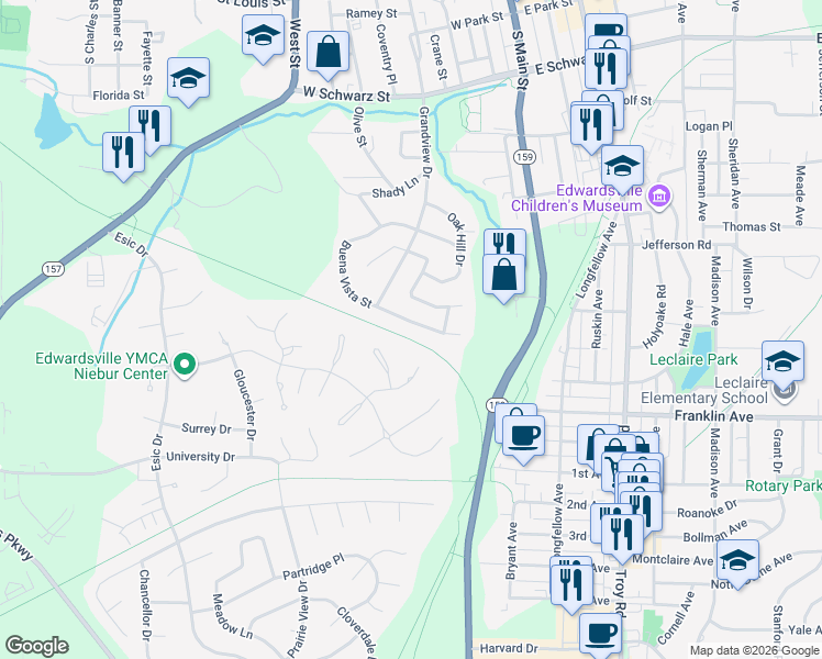 map of restaurants, bars, coffee shops, grocery stores, and more near 521 Buena Vista Street in Edwardsville