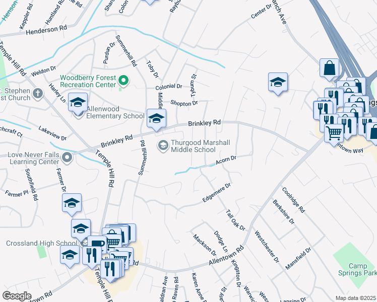 map of restaurants, bars, coffee shops, grocery stores, and more near 5915 John Adams Drive in Temple Hills