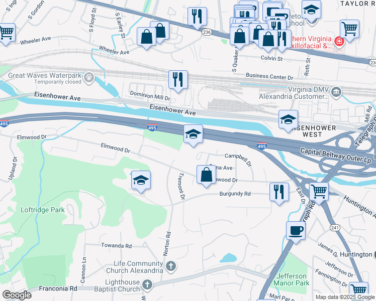 map of restaurants, bars, coffee shops, grocery stores, and more near 3434 Campbell Drive in Alexandria