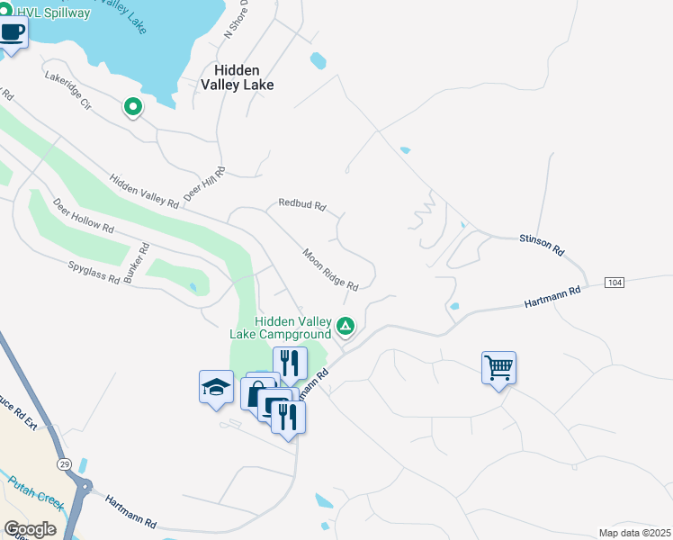 map of restaurants, bars, coffee shops, grocery stores, and more near 19200 Moon Ridge Road in Hidden Valley Lake