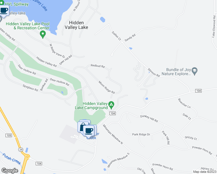 map of restaurants, bars, coffee shops, grocery stores, and more near 19242 Moon Ridge Road in Hidden Valley Lake