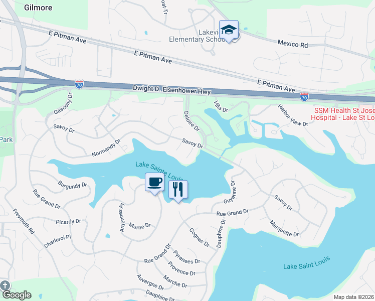 map of restaurants, bars, coffee shops, grocery stores, and more near 6 Chantilly Court in Lake Saint Louis