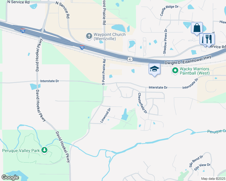 map of restaurants, bars, coffee shops, grocery stores, and more near 26 Chesterfield Court in Wentzville