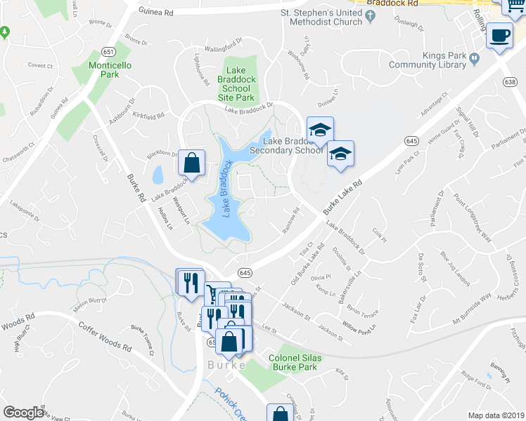 map of restaurants, bars, coffee shops, grocery stores, and more near 5514 Conistone Court in Burke