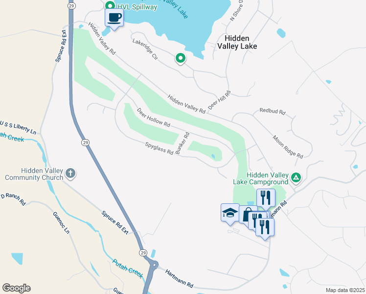 map of restaurants, bars, coffee shops, grocery stores, and more near 17962 Bunker Road in Hidden Valley Lake