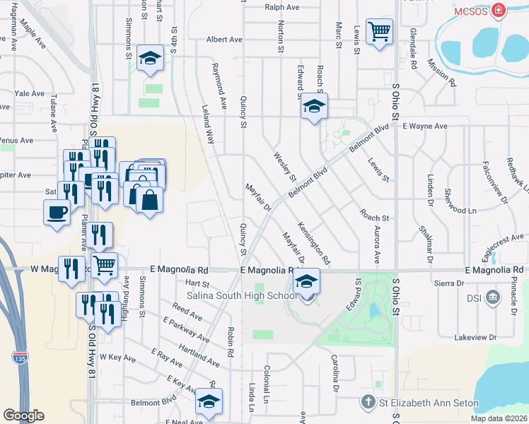 map of restaurants, bars, coffee shops, grocery stores, and more near 2306 Mayfair Drive in Salina