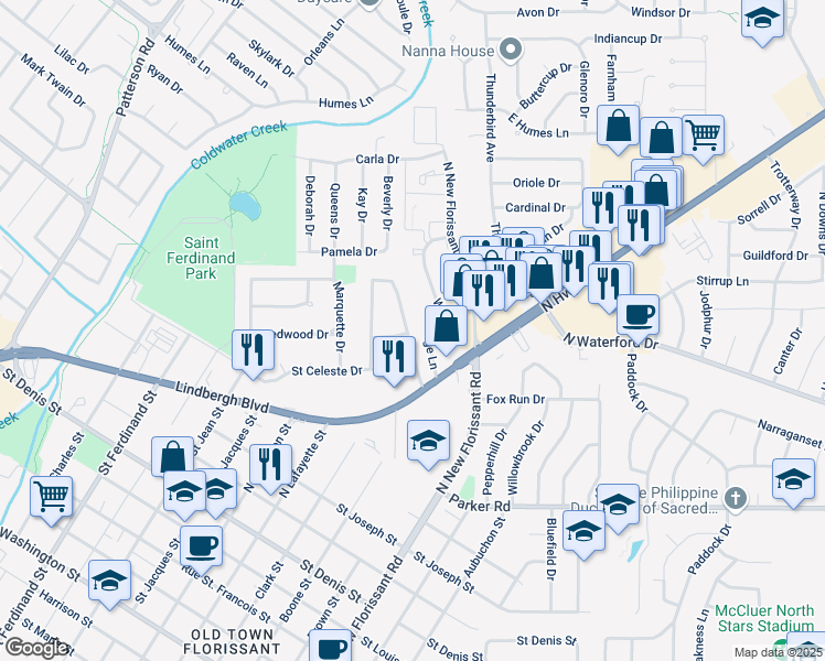 map of restaurants, bars, coffee shops, grocery stores, and more near 18 Florval Drive in Florissant