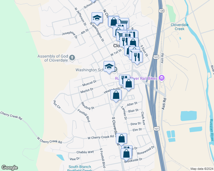 map of restaurants, bars, coffee shops, grocery stores, and more near 190 Healdsburg Avenue in Cloverdale