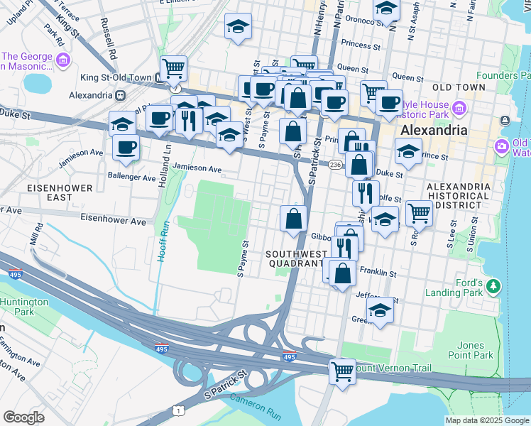 map of restaurants, bars, coffee shops, grocery stores, and more near 509 South Fayette Street in Alexandria