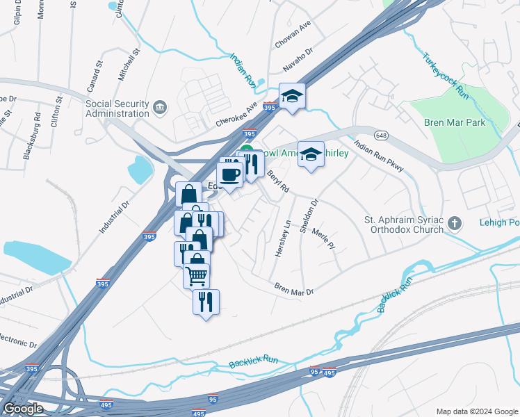 map of restaurants, bars, coffee shops, grocery stores, and more near 5621 Harrington Falls Lane in Alexandria