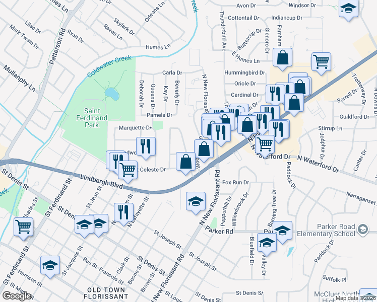 map of restaurants, bars, coffee shops, grocery stores, and more near 18 Florval Drive in Florissant