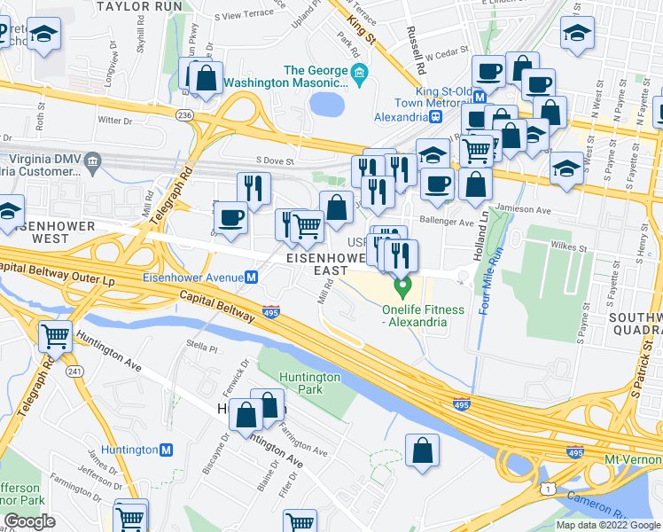 map of restaurants, bars, coffee shops, grocery stores, and more near Eisenhower Avenue & Mill Road in Alexandria