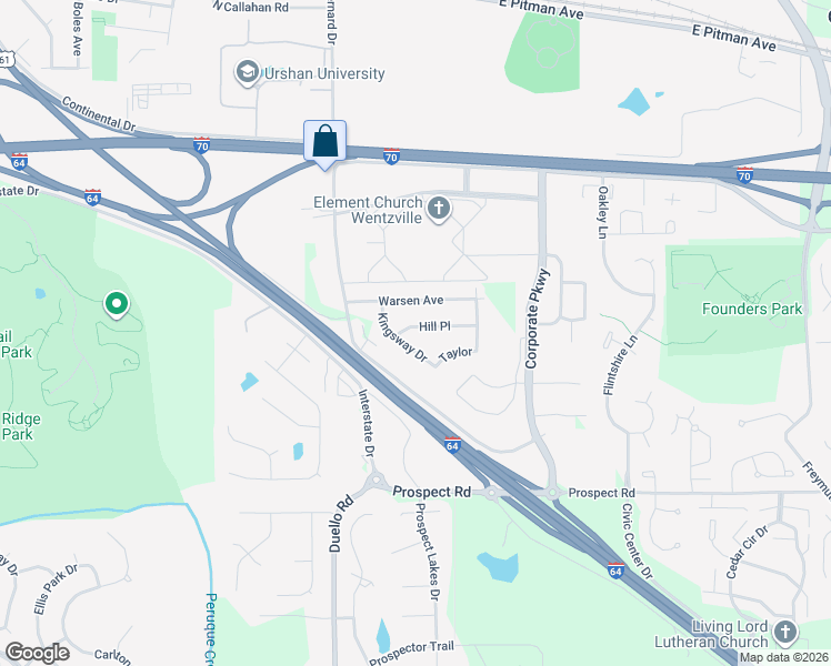 map of restaurants, bars, coffee shops, grocery stores, and more near 2 Hill Place in Wentzville