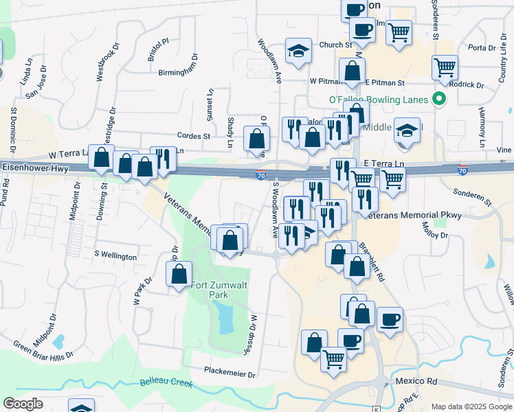 map of restaurants, bars, coffee shops, grocery stores, and more near 101 Woodbury Place Circle in O'Fallon